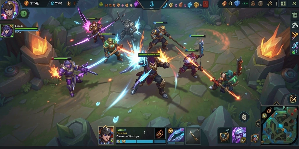 Screenshot gameplay MOBA dengan aksi pertempuran intens.