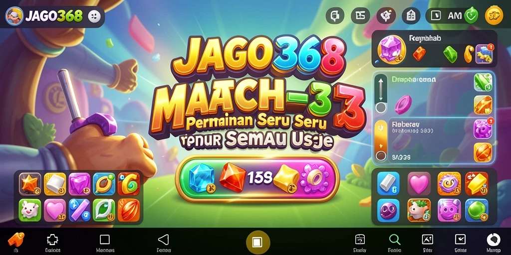 Tampilan utama gameplay JAGO368 dengan objek match-3 yang cerah.